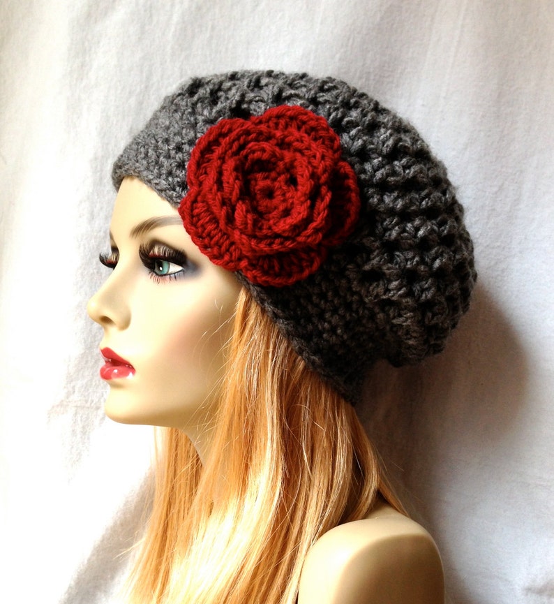 Charcoal Grey Womens Hat, Slouchy Beret, Ohio Buckeye, Red Rose Flower, Cancer hat, Chunky, Teens, Winter, Christmas Gift for Her image 5