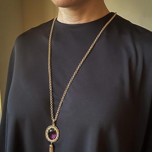 Avon Amethyst Pearl Tassel Pendant Necklace – 1970s Statement Chain