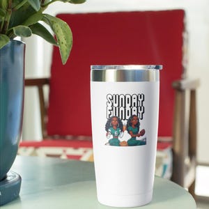 Vaso térmico Sunday Funday, diseño de mujeres afroamericanas y futbolistas, taza de 20 oz, soporte portátil para bebidas, regalo de colores llamativos