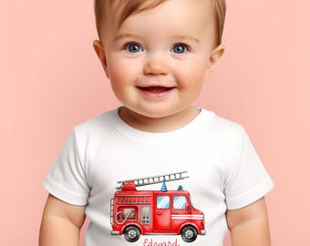 Fire Truck Birthday Shirt, Boy Birthday Shirt, Fire Engine Party, Truck Birthday Shirt, Custom, Toddler Romper, Vehicle Birthday Shirt