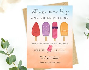 Plantilla editable para invitación de cumpleaños para pasar y relajarse, fiesta de helados, día en la piscina