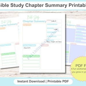 May include: Printable Bible study worksheet with a light blue and green color scheme. The worksheet is designed to help you summarize a chapter of the Bible. The worksheet includes sections for the key verse, the main theme, a summary, and reflection/application.