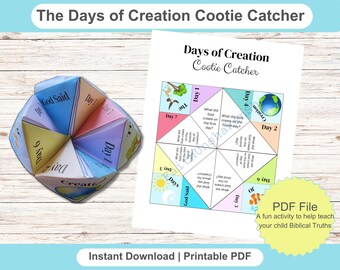 May include: A printable PDF file for a Days of Creation Cootie Catcher game. The game features a colorful paper fortune teller with questions about the days of creation. The PDF file is a fun activity to help teach children about Biblical truths.
