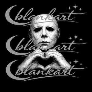 May include: Black and white graphic featuring the iconic Michael Myers mask from the Halloween film series. The image includes the hands forming a heart shape, with the text "blankart" in a stylized font. Stars are also included.