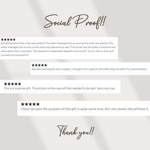 May include: A beige background with customer reviews in white rectangular boxes. The text "Social Proof!!" is at the top in a handwritten font. The reviews include customer feedback and star ratings. The words "Thank you!!" are at the bottom.