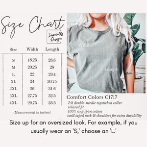 May include: A size chart for t-shirts, with measurements in inches. The chart includes sizes S to 4XL, with width measurements ranging from 18.25 to 29.75 inches and lengths from 26.6 to 33.5 inches. A person is wearing a gray t-shirt.