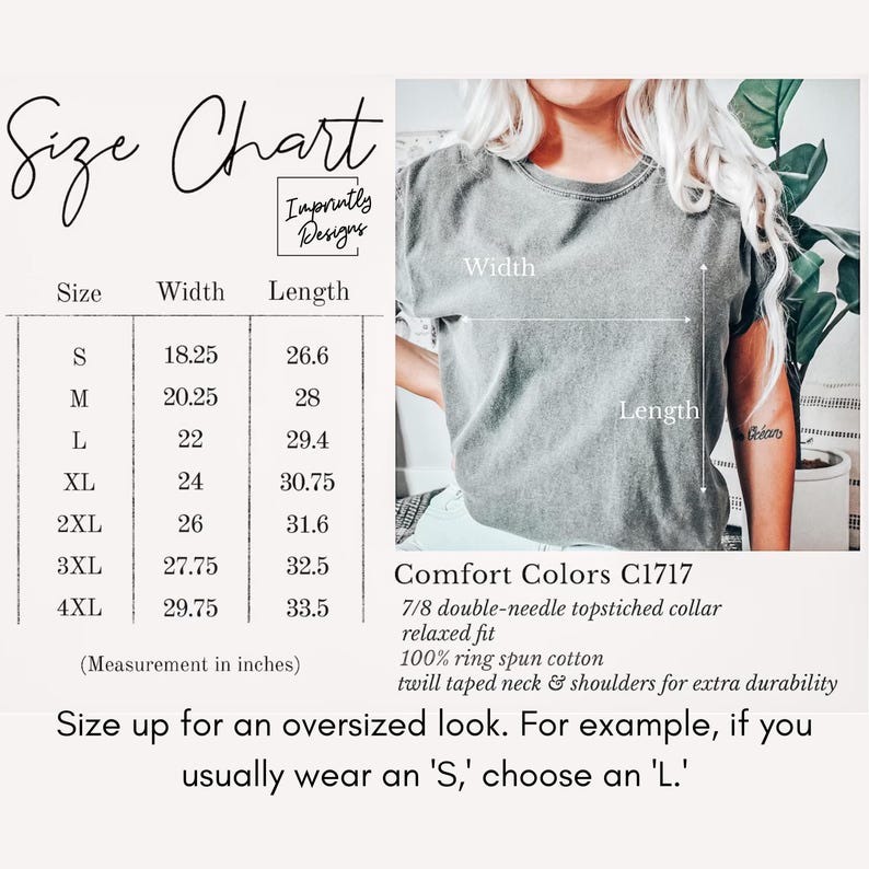 May include: A size chart for t-shirts, with measurements in inches. The chart includes sizes S to 4XL, with width measurements ranging from 18.25 to 29.75 inches and lengths from 26.6 to 33.5 inches. A person is wearing a gray t-shirt.