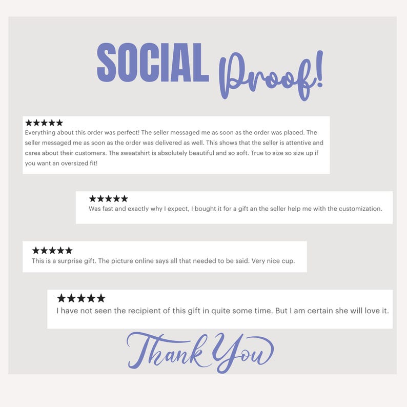 K&ouml;nnte beinhalten: Helle Grafik mit den Worten "SOCIAL Proof!" und "Thank You" in einer Schriftart. Das Bild enth&auml;lt Kundenbewertungen mit F&uuml;nf-Sterne-Bewertungen, in denen der Service und die Produktqualit&auml;t des Verk&auml;ufers gelobt werden.