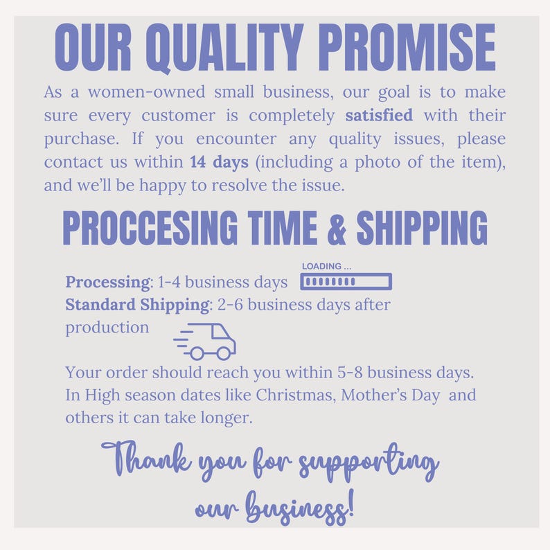 K&ouml;nnte beinhalten: Helllila Grafik mit dem Text "OUR QUALITY PROMISE" und "PROCCESING TIME & SHIPPING". Der Text erkl&auml;rt die Kundenzufriedenheitsrichtlinie und die Bearbeitungszeiten des Unternehmens. Die Grafik enth&auml;lt auch eine Dankesbotschaft.