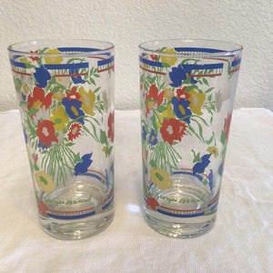 May include: Two clear drinking glasses with a floral design. The glasses feature a colorful pattern of red, yellow, and blue flowers. Each glass has a blue and red band at the top and bottom. The text "Georges Briard" is visible.