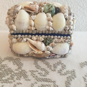 May include: A rectangular box covered in various seashells, including large, white, fan-shaped shells and smaller, textured ones. The box has a blue band and is decorated with a variety of colors and textures, creating a coastal theme.