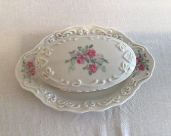 Vintage Tea Rose Covered 3-Piece Butter Dish Set •  1980s • Consistent with Pfaltzgraff USA Tea Rose Pattern