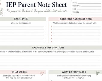 Hoja imprimible para reuniones del IEP / Hoja de trabajo para la defensa de los padres / Notas para reuniones de educación especial / Descarga digital en PDF