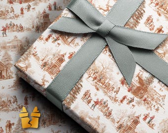 Classic Toile Christmas Wrapping Paper - Winter Village Elegant Gift Wrap with Classic Snowy Countryside Scene