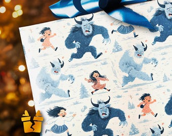 Krampus Chasing Kids Christmas Wrapping Paper - Dark Christmas Gift Wrap with Krampus and Children, Funny Horror Holiday Paper