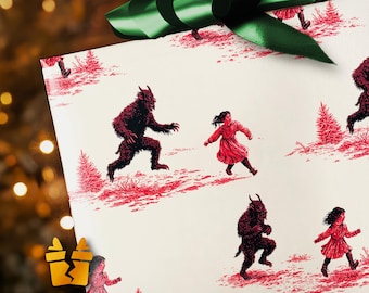 Krampus Chase Christmas Wrapping Paper - Dark Christmas Gift Wrap with Krampus and Children, Funny Horror Holiday Paper
