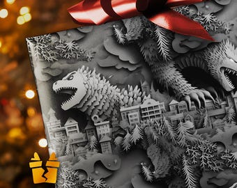 Godzilla Christmas Wrapping Paper - Dark Paper Origami Funny Cute Kaiju Holiday Gift Wrap with Japanese Monster City Dinosaur