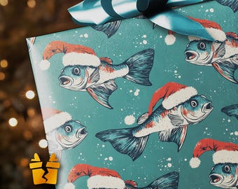 Fishmas Frenzy Fishing Wrapping Paper - Luxury Pattern Vintage Holiday Gift Wrap Supplies