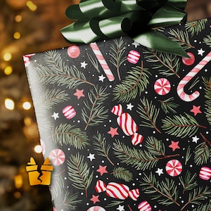 Sweets and Pine Candy Cane Wrapping Paper - Luxury Pattern Vintage Holiday Gift Wrap Supplies