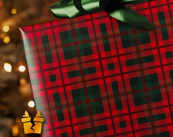 May include: A Christmas gift wrapped in red and green tartan paper, topped with a dark green bow. The wrapping paper features a traditional plaid design, perfect for the festive season.