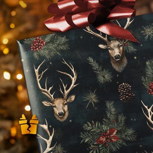 Stag Season Christmas Wrapping Paper - Buck Deer Wildlife Rustic Luxury Pattern Vintage Holiday Christmas Gift Wrap Supplies