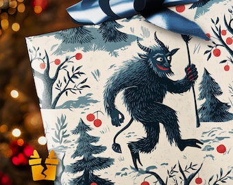 Smiling Krampus Christmas Wrapping Paper - Vintage Folklore Gift Wrap with Creepy Holiday Forest Design