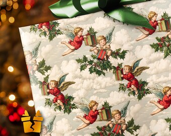 Carta da regalo natalizia vintage - Carta da regalo vittoriana con cherubino, angeli e agrifoglio