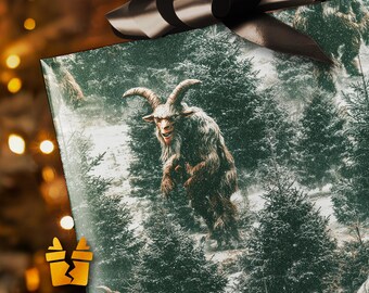 Krampus Forest Christmas Wrapping Paper - Dark Scary Holiday Gift Wrap with Creepy Goat Demon in Snowy Woods