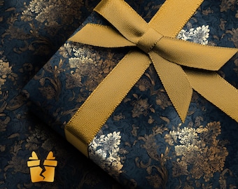 Navy and Gold Baroque Christmas Wrapping Paper - Ornate Vintage Floral Gift Wrap for Elegant, Gothic, and Luxury Holiday Gifts