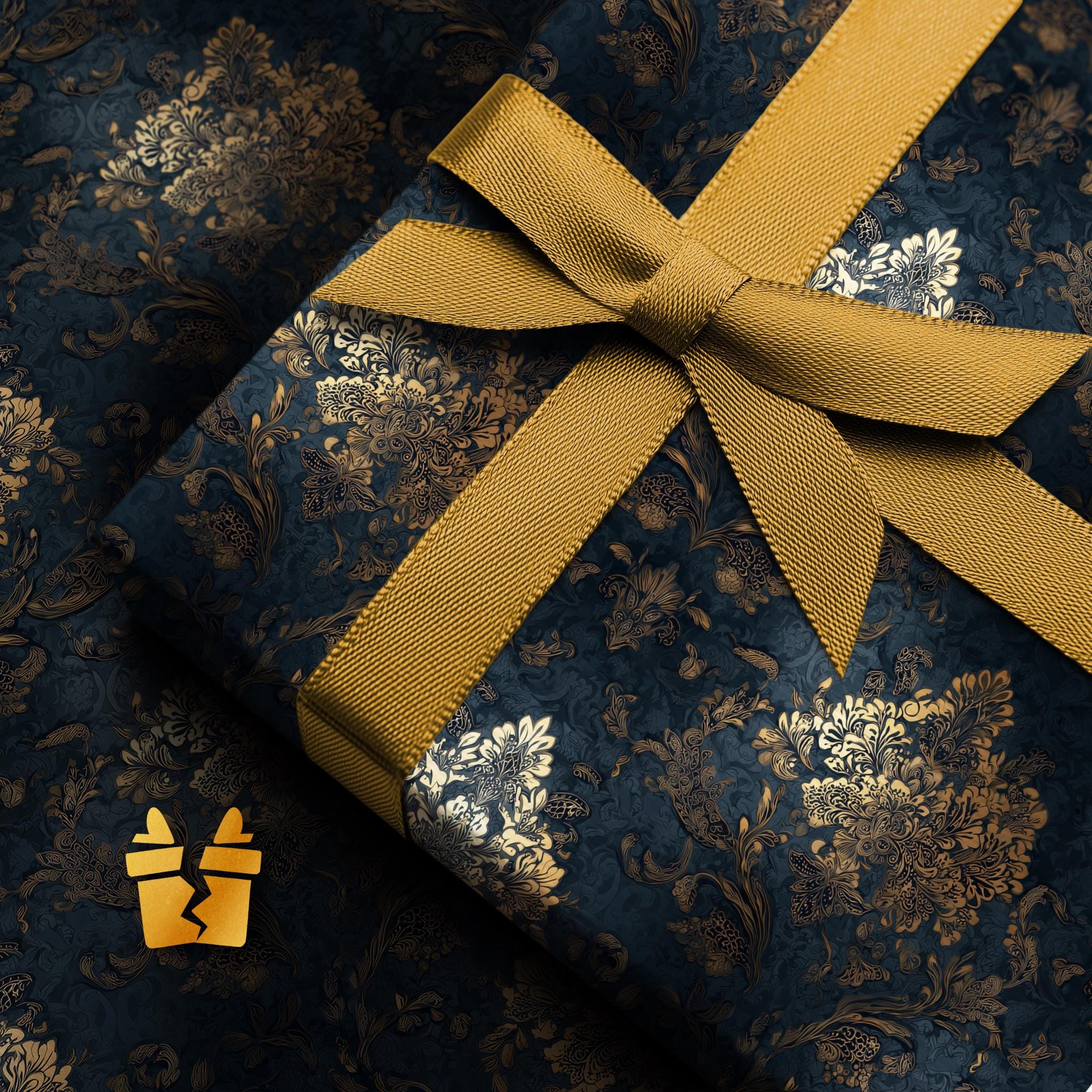 Navy and Gold Baroque Christmas Wrapping Paper - Ornate Vintage Floral Gift Wrap for Elegant, Gothic, and Luxury Holiday Gifts