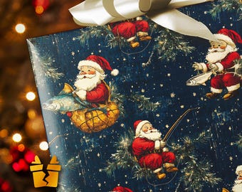 Gone Fishing with Santa Wrapping Paper - Luxury Pattern Vintage Holiday Gift Wrap Supplies
