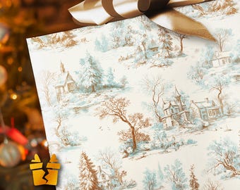 Vintage Toile Christmas Wrapping Paper - Winter Village Elegant Gift Wrap with Classic Snowy Countryside Scene