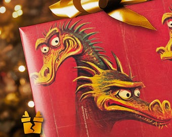 Retro Dragon Wrapping Paper - Vintage Monster Gift Wrap with Mid-Century Illustration Style