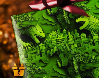 Godzilla Christmas Wrapping Paper - Green Paper Origami Funny Cute Kaiju Holiday Gift Wrap with Japanese Monster City Dinosaur