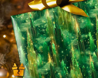 Papier do pakowania Emerald Kingdom – Wicked Green Crystal Skyline – świąteczny papier do pakowania prezentów, inspirowany wiedźmą