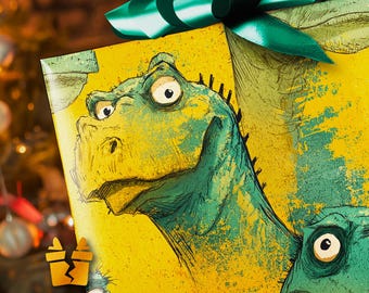 Dinosaur Wrapping Paper - Funny Prehistoric Gift Wrap with Grumpy Cartoon Dinos, Yellow and Green for Kids