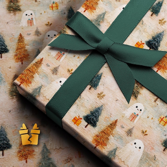 Cute Ghost Christmas Wrapping Paper - Pastel Oil Painting Holiday Gift Wrap for Kids, Spooky Cute or Aesthetic Christmas Gifts