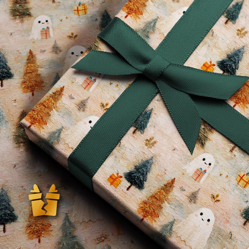 Cute Ghost Christmas Wrapping Paper - Pastel Oil Painting Holiday Gift Wrap for Kids, Spooky Cute or Aesthetic Christmas Gifts image 1