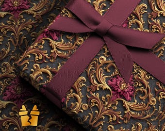 May include: A wrapped gift with a burgundy ribbon bow. The wrapping paper features a dark gray background with a gold and burgundy floral pattern. The gift box is decorated with a burgundy ribbon.