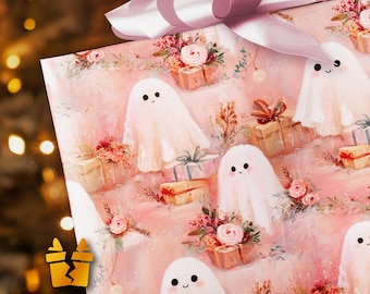 May include: Pink gift wrap featuring a repeating pattern of friendly ghost illustrations with black dot eyes. The design includes gift boxes with floral arrangements and a large pink bow.