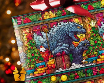 Stained Glass Godzilla Christmas Wrapping Paper - Funny Cute Kaiju Holiday Gift Wrap with Japanese Monster City Dinosaur