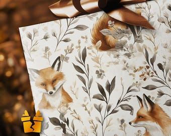 May include: Gift wrap featuring a repeating pattern of foxes, leaves, and floral elements in shades of brown, beige, and gray. A large brown ribbon bow sits atop the wrapped gift. The overall design has a watercolor effect.