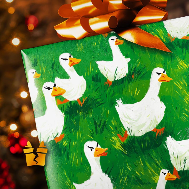 Angry Goose Wrapping Paper - Funny Animal Duck Gift Wrap for Gag Gifts, White Elephant, and Unique Holiday Wrapping image 1