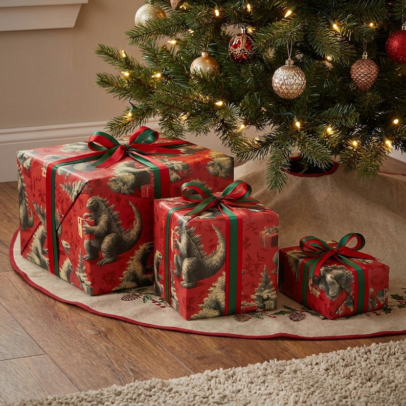 Papel de regalo navideño divertido de Godzilla: un regalo navideño único para fanáticos de los monstruos, amantes del cine y coleccionistas de kaiju. imagen 3