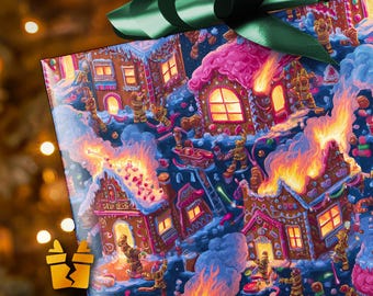 May include: A wrapped gift with a green bow. The wrapping paper features a colorful illustration of gingerbread houses on fire, with tiny figures and flames. The houses have pink frosting roofs and are set against a dark blue background.