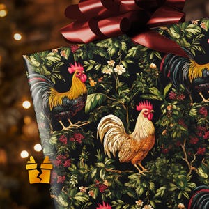 May include: A wrapped gift with black wrapping paper featuring a rooster and floral design. The gift is topped with a burgundy bow. The roosters are yellow, brown, and black, with red combs. The floral elements include green leaves and red berries.