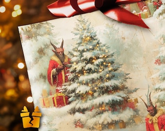 Krampus Weihnachtsgeschenkpapier - Düstere Weihnachtsgeschenkverpackung mit gruseligem Nikolauswald und Vintage-Gothic-Stil