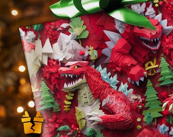 Paper Godzilla Christmas Wrapping Paper - Dark Origami Funny Cute Kaiju Holiday Gift Wrap with Japanese Monster City Dinosaur