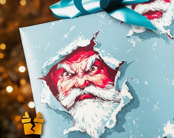 May include: A wrapped gift with light blue wrapping paper featuring a torn design revealing an illustration of an angry Santa Claus. A large teal bow sits on top. The background is blurred with warm tones.