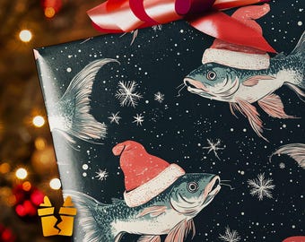 May include: Gift-wrapped present with navy blue paper featuring fish wearing Santa hats and snowflakes. A large red bow adorns the top. Festive and whimsical, perfect for holiday gifting.